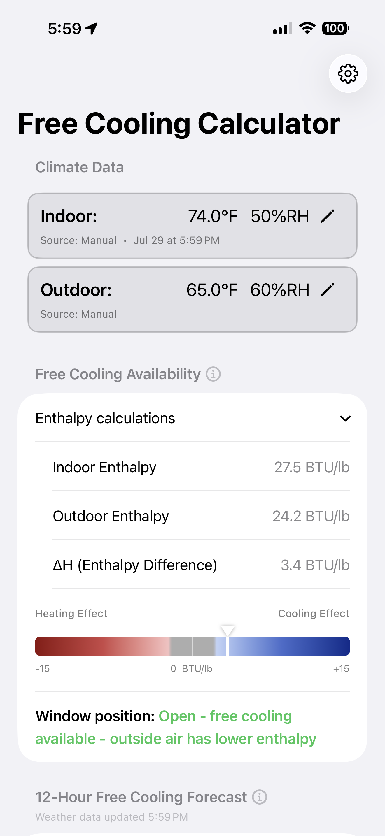 WindowCooling app screen showing indoor and outdoor temperature and humidity, the calculated enthalpy difference, and a recommendation that the window position should be open because outside air has lower enthalpy